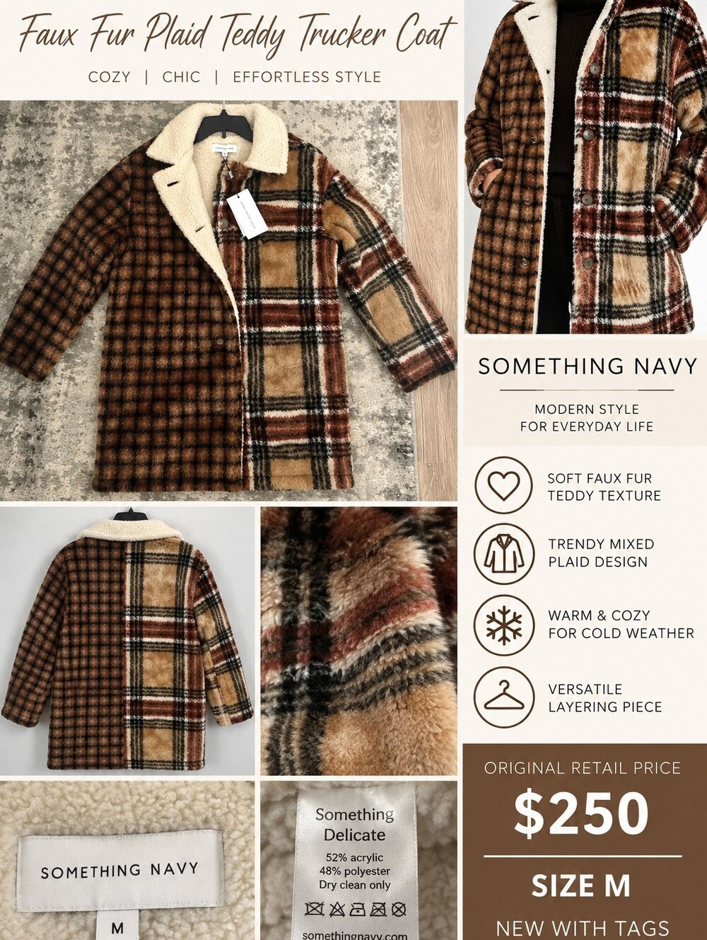 NWT Something Navy Brown Plaid Faux Fur Teddy Trucker Coat